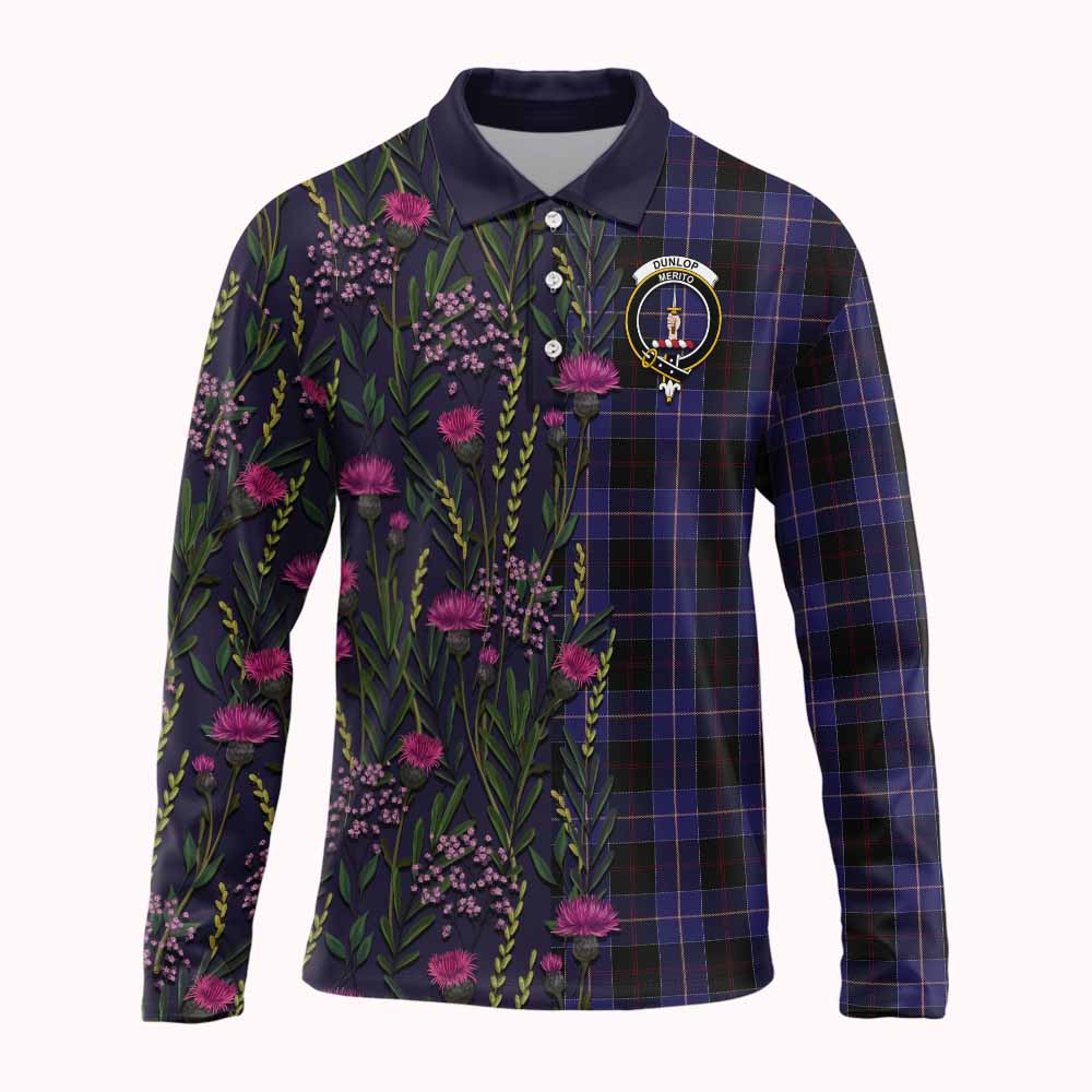 Dunlop Family Crest Tartan Long Sleeve Polo Shirt Scottish Thistle Flower Pattern Half Style - Tartan Vibes Clothing