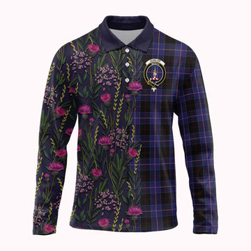 Dunlop Family Crest Tartan Long Sleeve Polo Shirt Scottish Thistle Flower Pattern Half Style