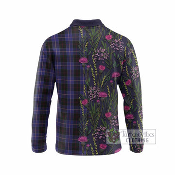 Dunlop Family Crest Tartan Long Sleeve Polo Shirt Scottish Thistle Flower Pattern Half Style