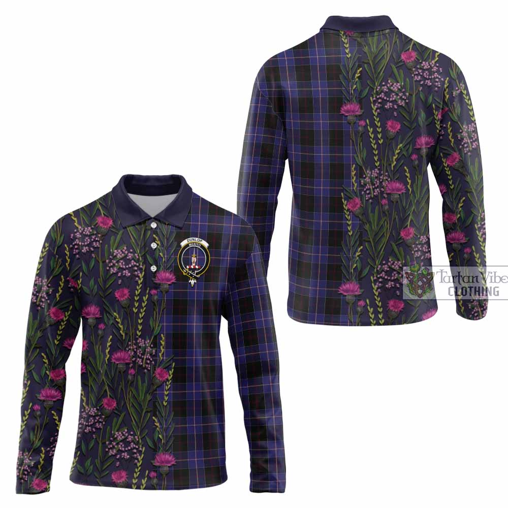 Dunlop Family Crest Tartan Long Sleeve Polo Shirt Scottish Thistle Flower Pattern Half Style - Tartan Vibes Clothing