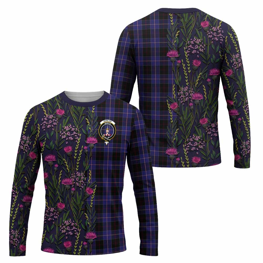 Dunlop Family Crest Tartan Long Sleeve T-Shirt Scottish Thistle Flower Pattern Half Style - Tartan Vibes Clothing