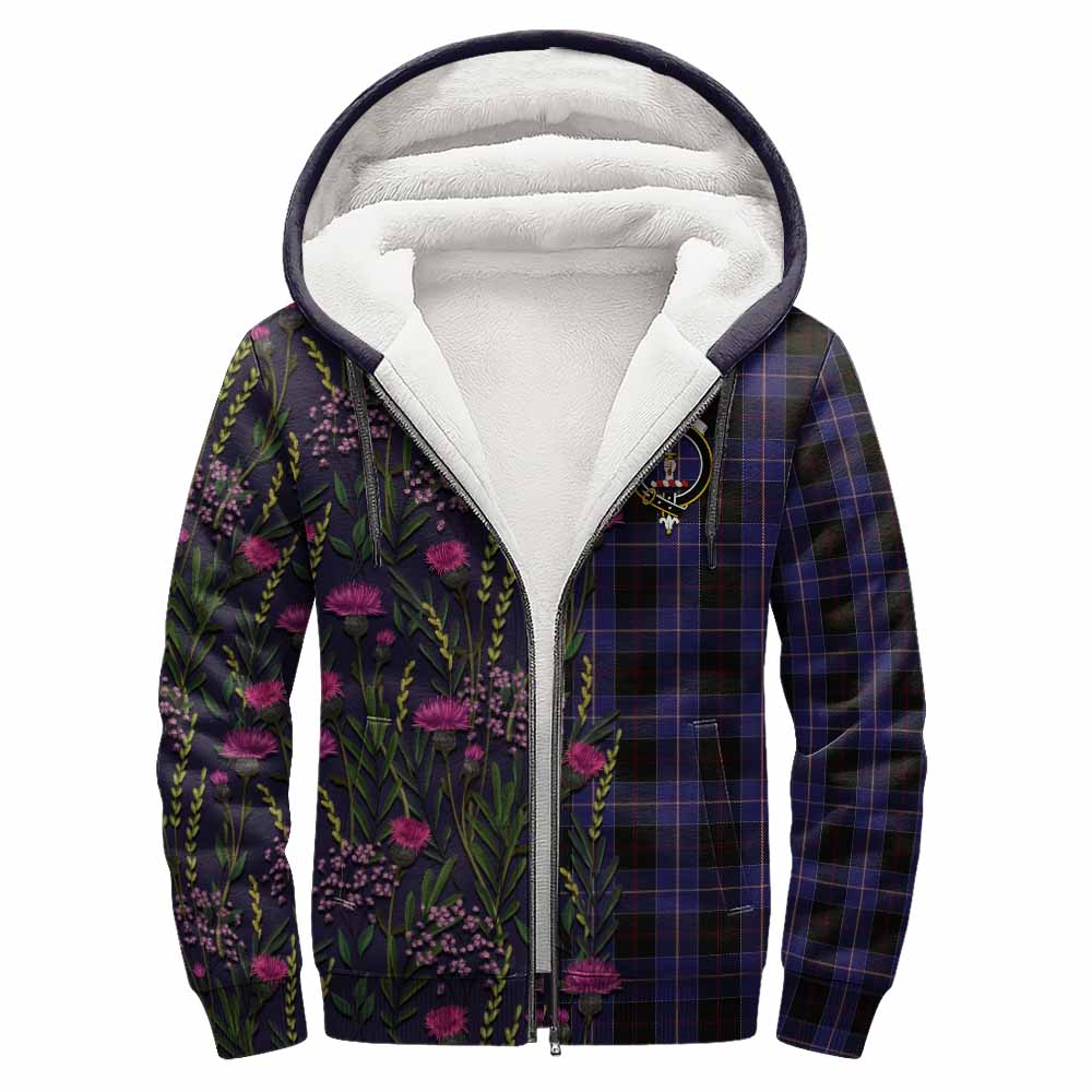 Dunlop Family Crest Tartan Sherpa Hoodie Scottish Thistle Flower Pattern Half Style - Tartan Vibes Clothing