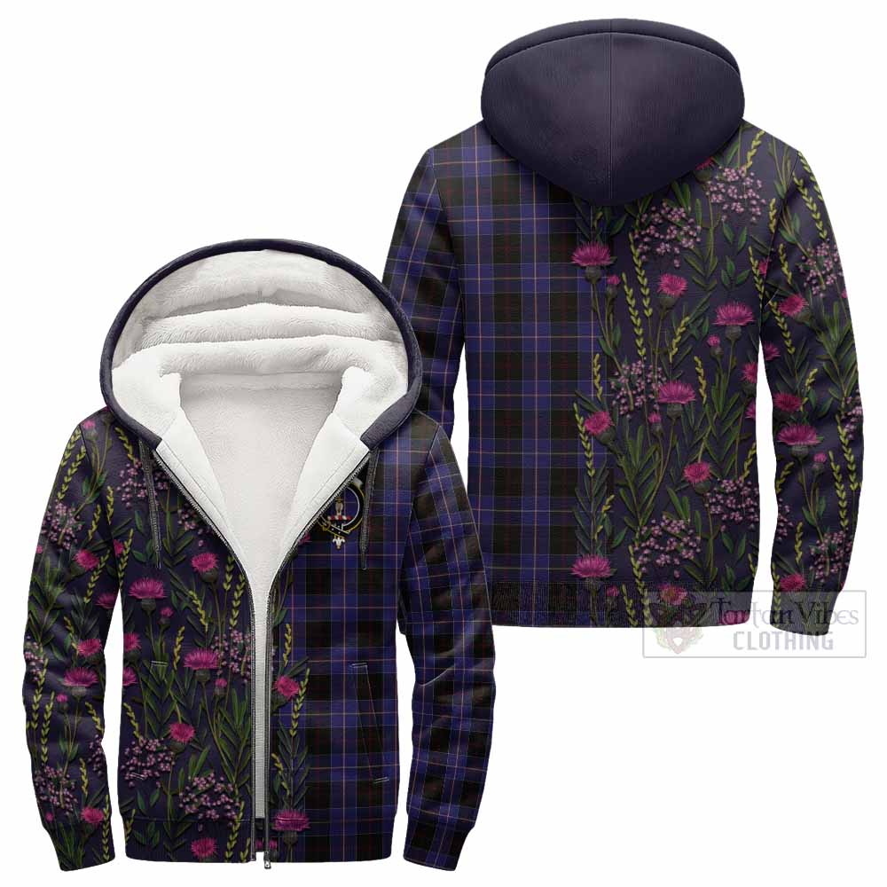 Dunlop Family Crest Tartan Sherpa Hoodie Scottish Thistle Flower Pattern Half Style - Tartan Vibes Clothing