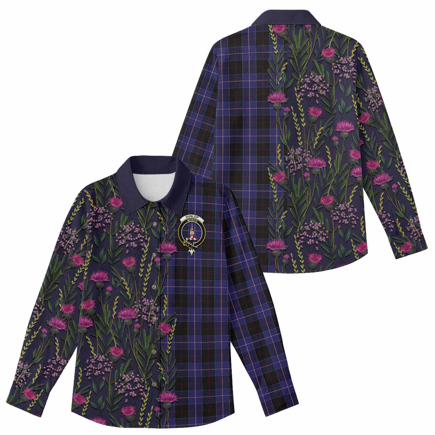 Dunlop Family Crest Tartan Women Casual Shirt Scottish Thistle Flower Pattern Half Style - Tartan Vibes Clothing