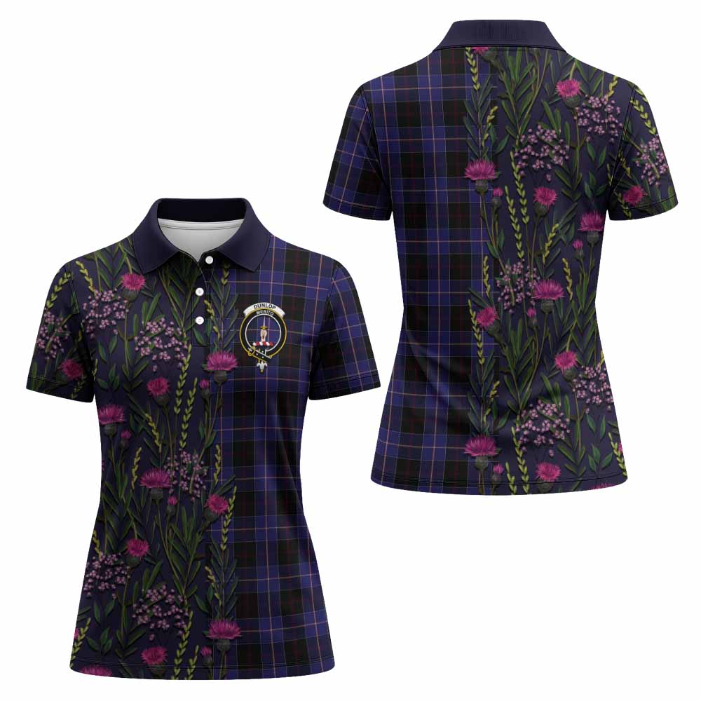 Dunlop Family Crest Tartan Women Polo Shirt Scottish Thistle Flower Pattern Half Style - Tartan Vibes Clothing