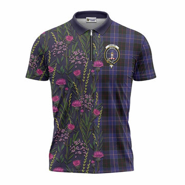 Dunlop Family Crest Tartan Zipper Polo Shirt Scottish Thistle Flower Pattern Half Style