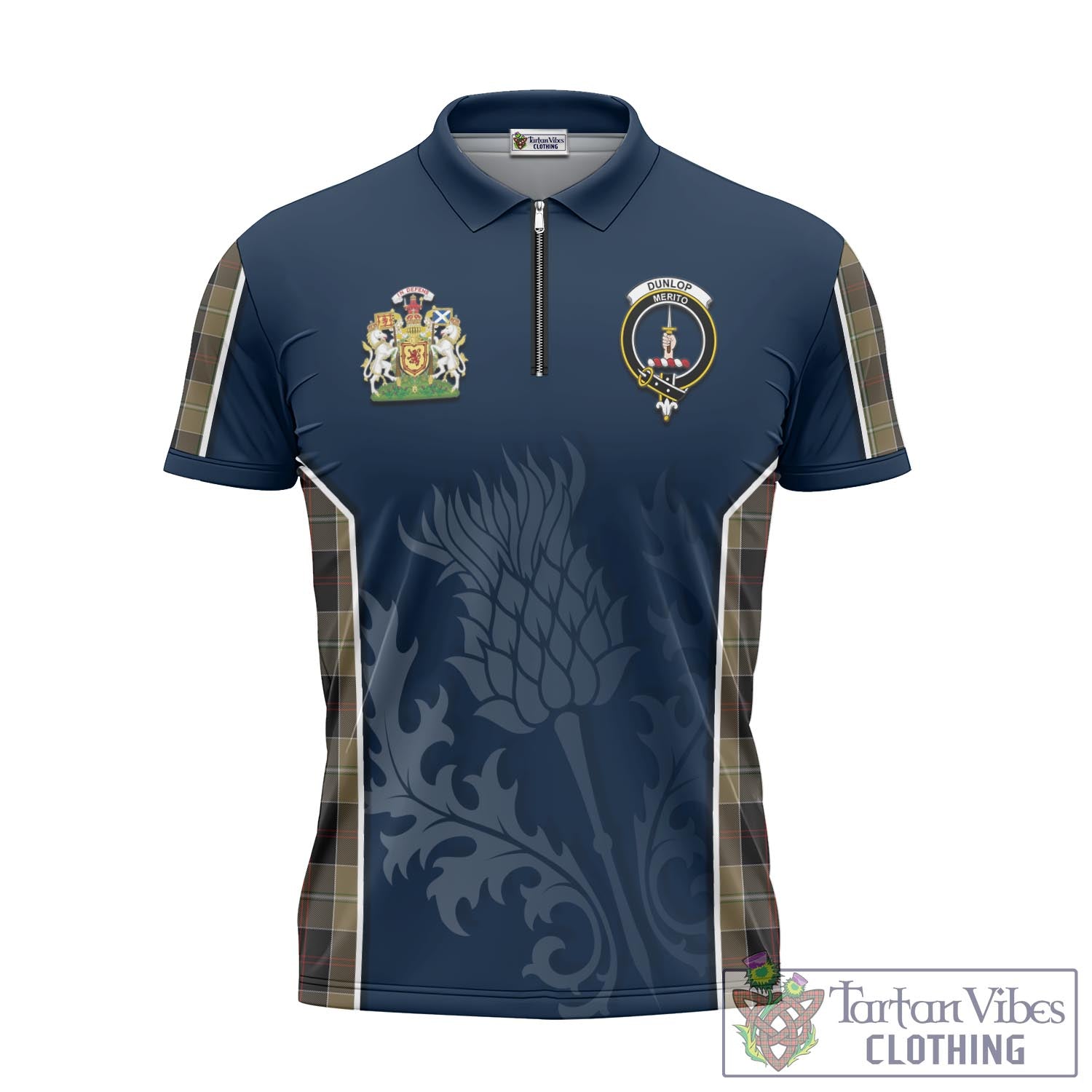Tartan Vibes Clothing Dunlop Hunting Tartan Zipper Polo Shirt with Family Crest and Scottish Thistle Vibes Sport Style