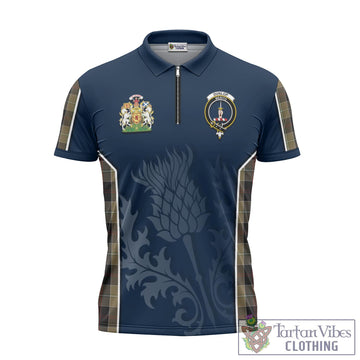 Dunlop Hunting Tartan Zipper Polo Shirt with Family Crest and Scottish Thistle Vibes Sport Style