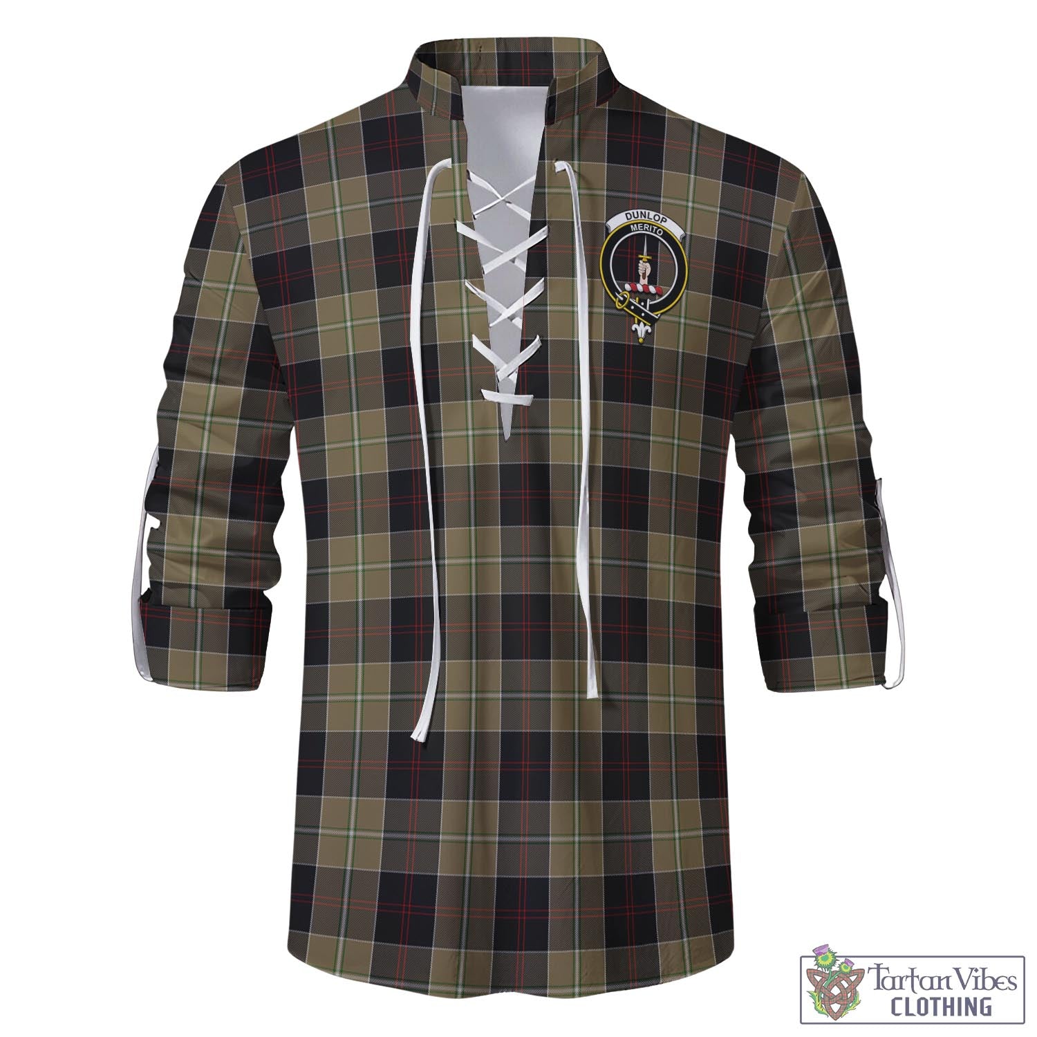 Tartan Vibes Clothing Dunlop Hunting Tartan Men's Scottish Traditional Jacobite Ghillie Kilt Shirt with Family Crest