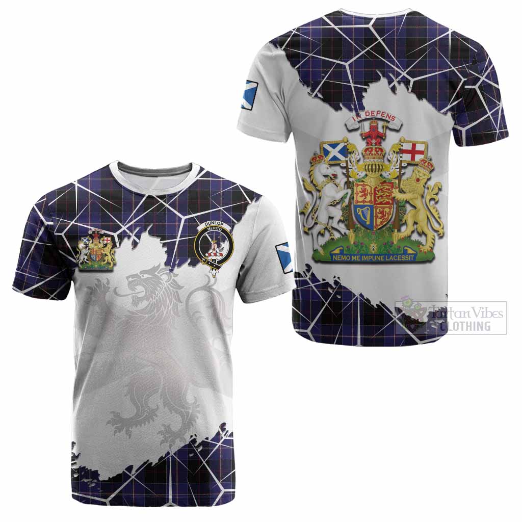 Dunlop Tartan Cotton T-shirt with Family Crest and Lion Rampant Grunge Style