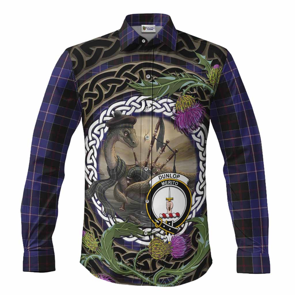 Dunlop Tartan Crest Bagpipe Nessie Long Sleeve Button Shirts Scottish Loch Ness Monster Celtic Thistle