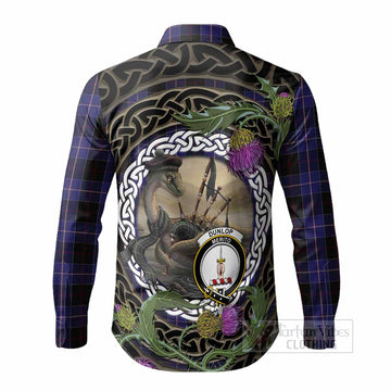 Dunlop Tartan Crest Bagpipe Nessie Long Sleeve Button Shirts Scottish Loch Ness Monster Celtic Thistle