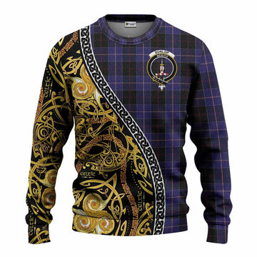 Dunlop Tartan Crest Knitted Sweater Celtic Knot and Triple Trickle Spiral Symbols
