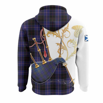 Dunlop Tartan Family Crest Hoodie Bagpipes with Scottish Thistle