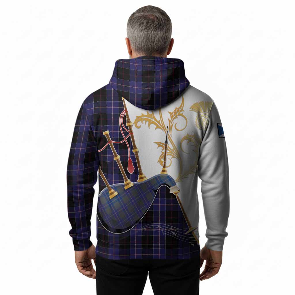Dunlop Tartan Family Crest Hoodie Bagpipes with Scottish Thistle