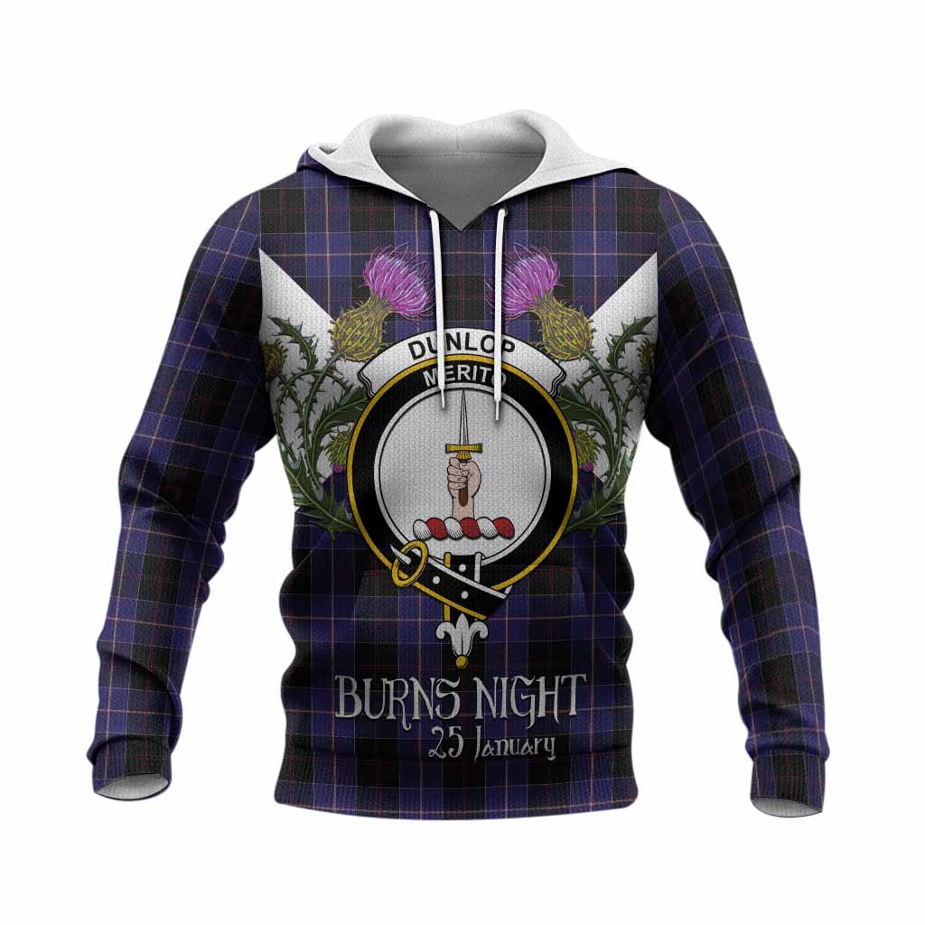 Dunlop Tartan Family Crest Knitted Hoodie Scottish Burns Night Thistle Floral