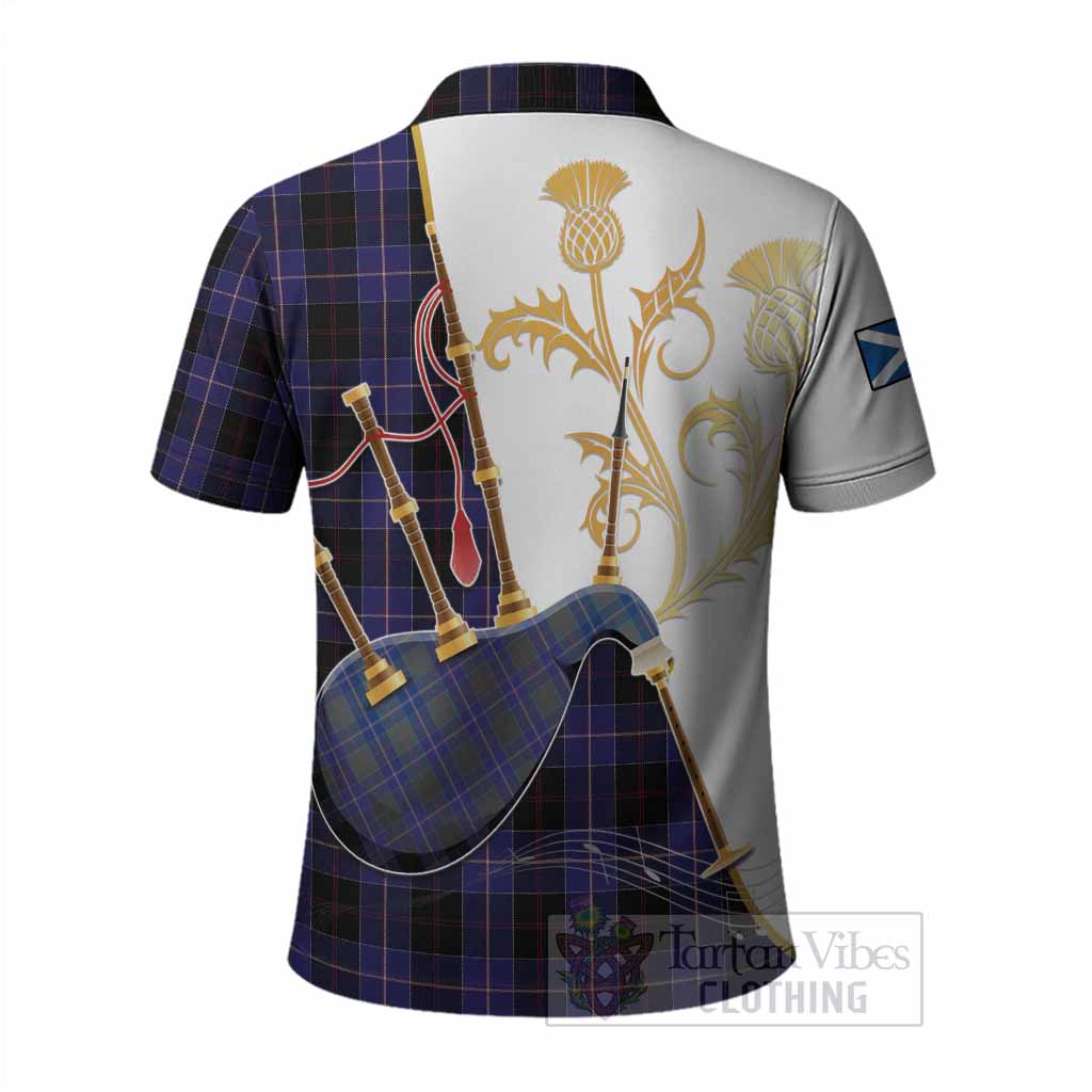 Dunlop Tartan Family Crest Polo Shirt Bagpipes with Scottish Thistle