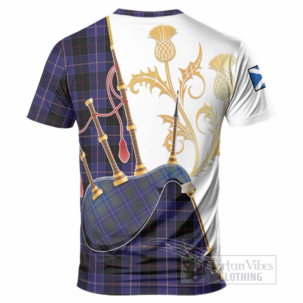 Dunlop Tartan Family Crest T-Shirt Bagpipes with Scottish Thistle