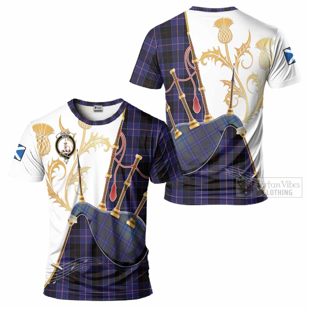 Dunlop Tartan Family Crest T-Shirt Bagpipes with Scottish Thistle