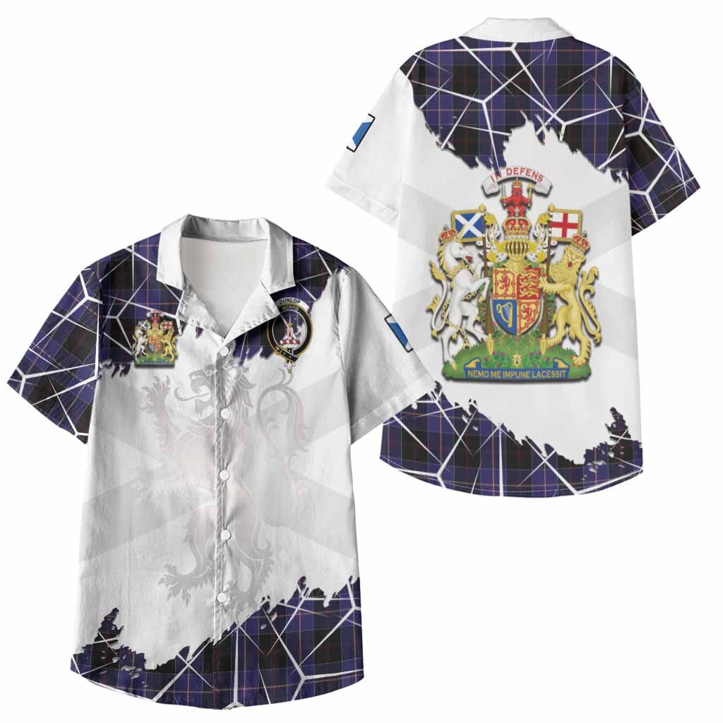 Dunlop Tartan Kid Hawaiian Shirt with Family Crest and Lion Rampant Grunge Style