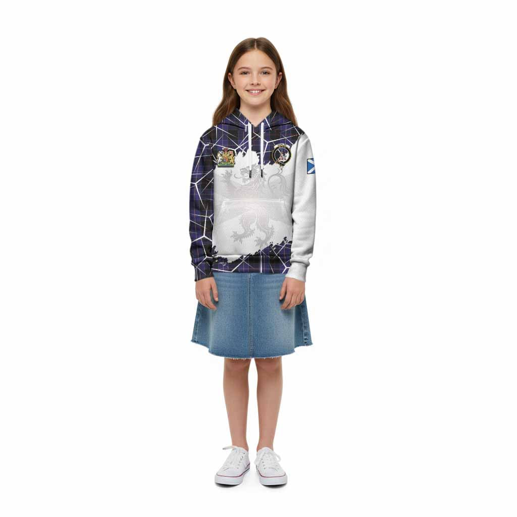 Dunlop Tartan Kid Hoodie with Family Crest and Lion Rampant Grunge Style