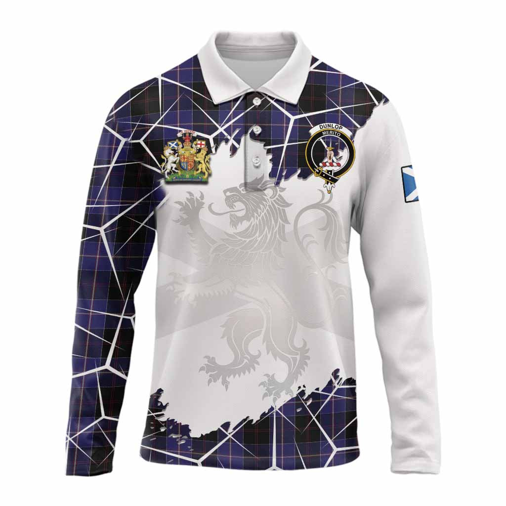 Dunlop Tartan Long Sleeve Polo Shirt with Family Crest and Lion Rampant Grunge Style