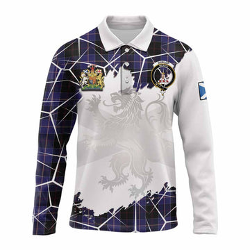 Dunlop Tartan Long Sleeve Polo Shirt with Family Crest and Lion Rampant Grunge Style