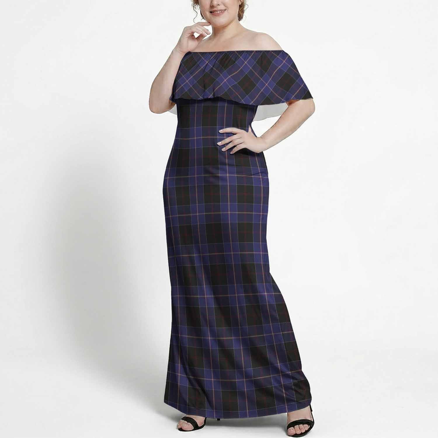 Dunlop Tartan Off Shoulder Ruffle Maxi Dress