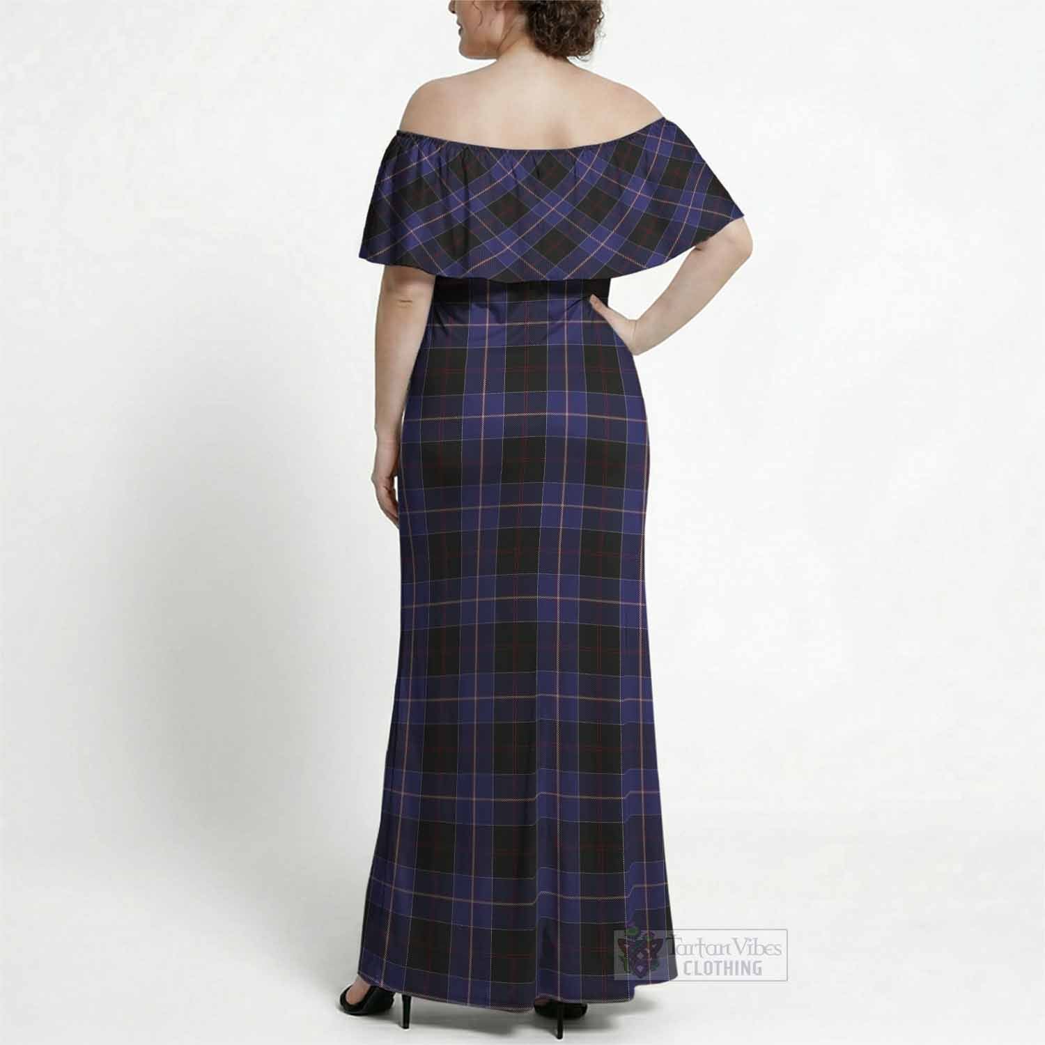 Dunlop Tartan Off Shoulder Ruffle Maxi Dress
