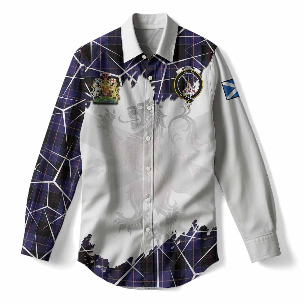 Dunlop Tartan Women Casual Shirt with Family Crest and Lion Rampant Grunge Style