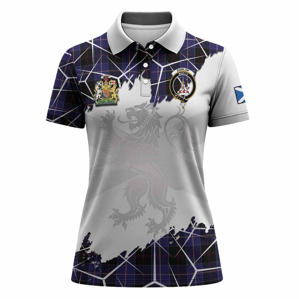Dunlop Tartan Women Polo Shirt with Family Crest and Lion Rampant Grunge Style