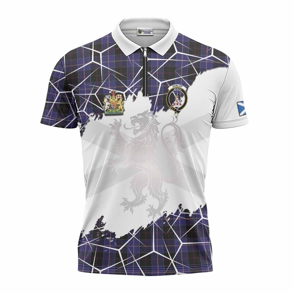 Dunlop Tartan Zipper Polo Shirt with Family Crest and Lion Rampant Grunge Style