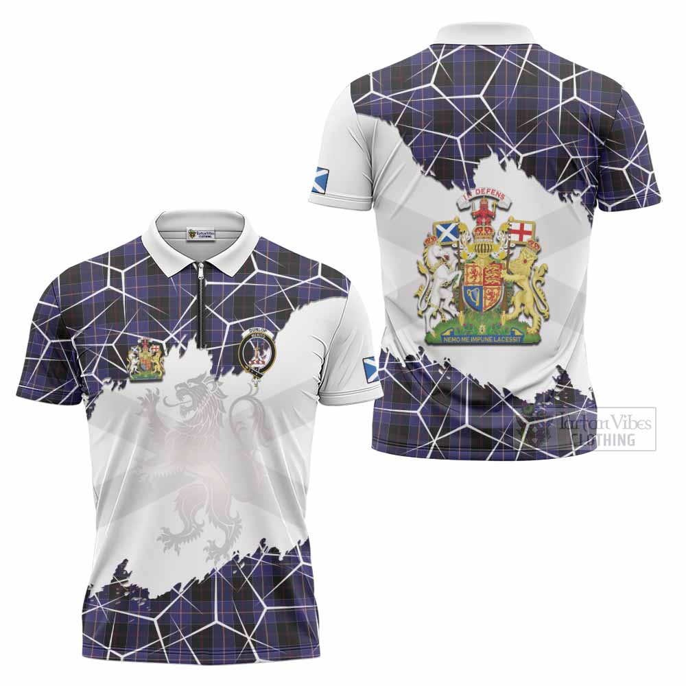 Dunlop Tartan Zipper Polo Shirt with Family Crest and Lion Rampant Grunge Style