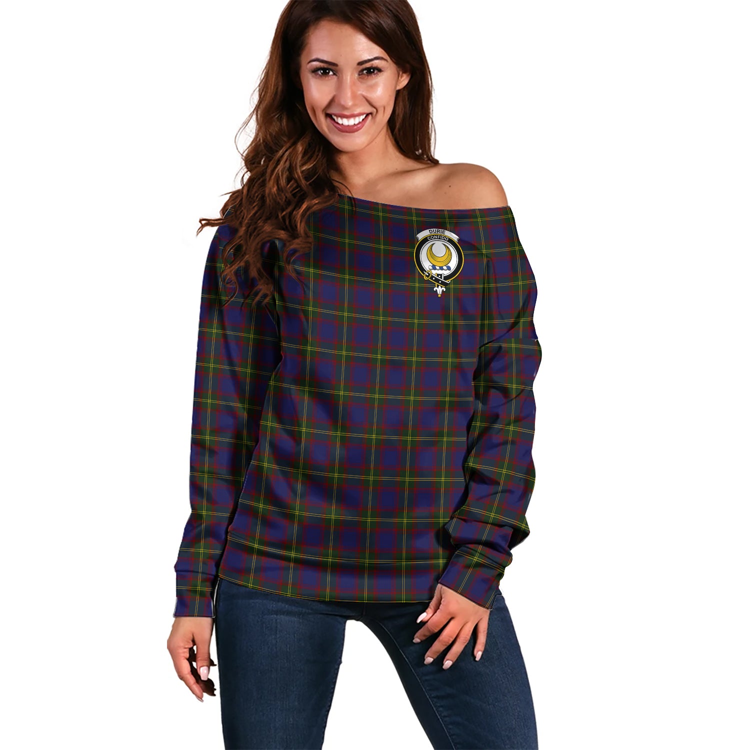 Durie Tartan Off Shoulder Women Sweater with Family Crest Women - Tartan Vibes Clothing