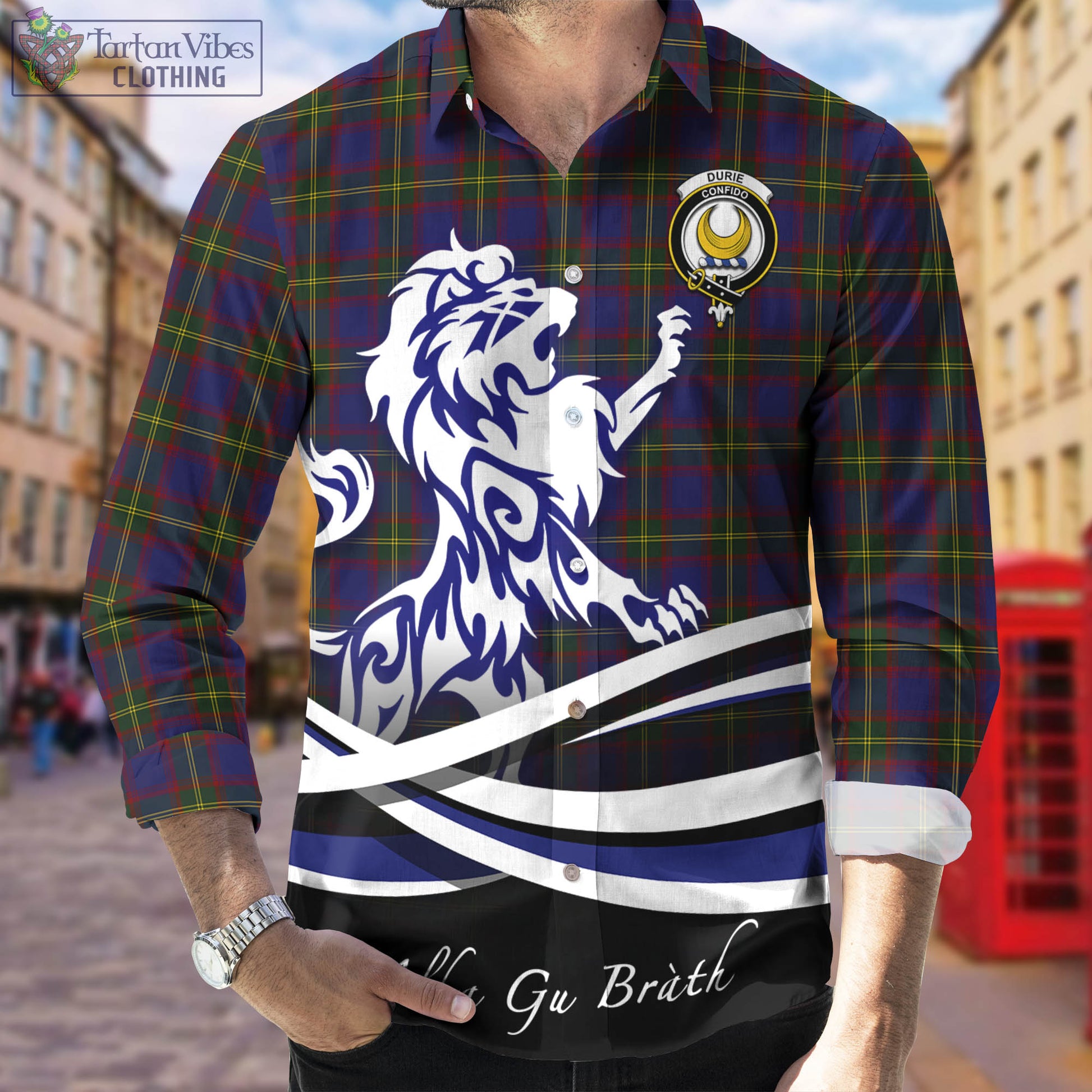 Durie Tartan Long Sleeve Button Up Shirt with Alba Gu Brath Regal Lion Emblem Men's Shirt - Tartan Vibes Clothing