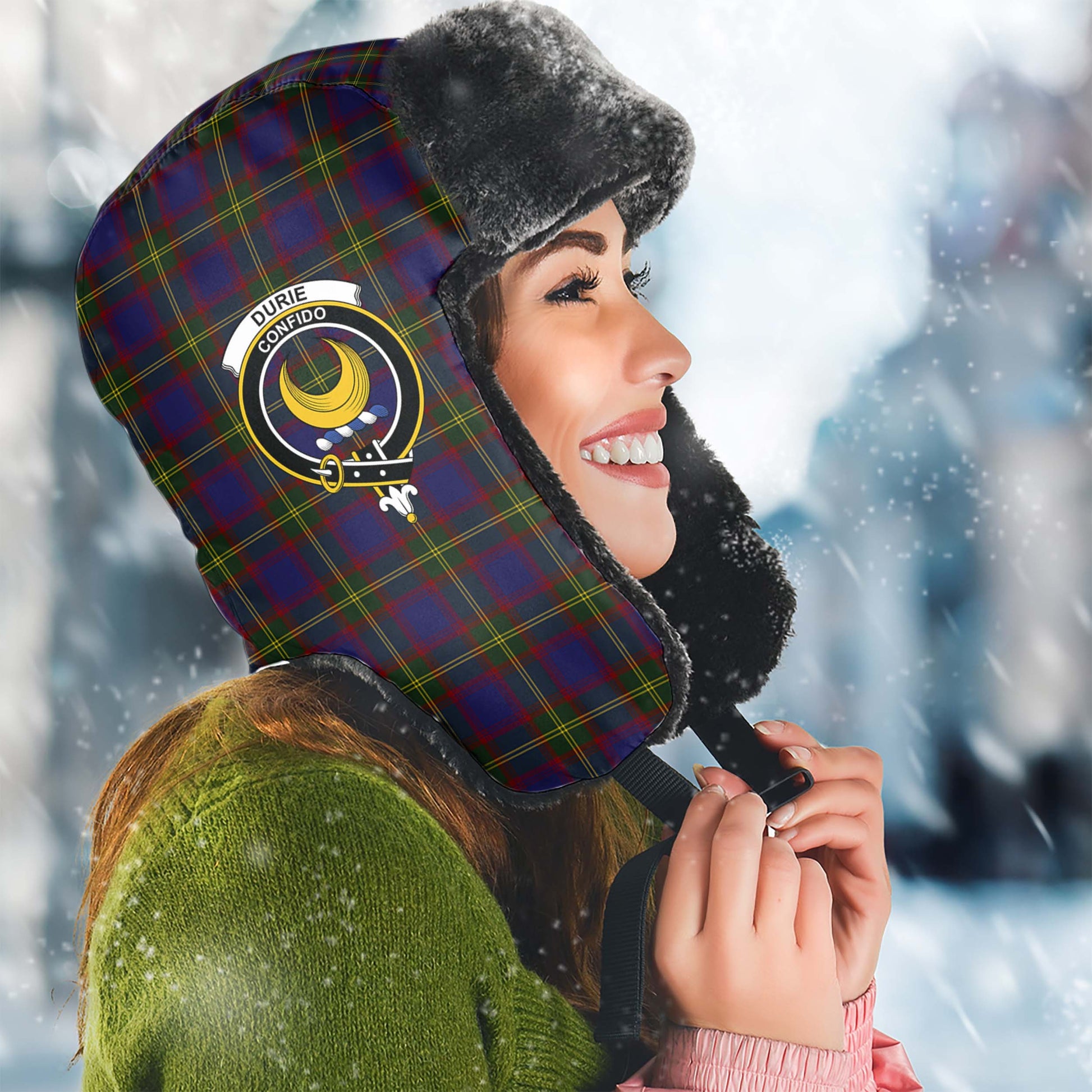 Durie Tartan Winter Trapper Hat with Family Crest Winter Trapper Hat Universal Fit Circumference 22.8in (58cm) - Tartan Vibes Clothing