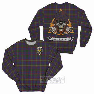 Durie Tartan Sweatshirt with Family Crest and Bearded Skull Holding Bottles of Whiskey Unisex - Tartan Vibes Clothing