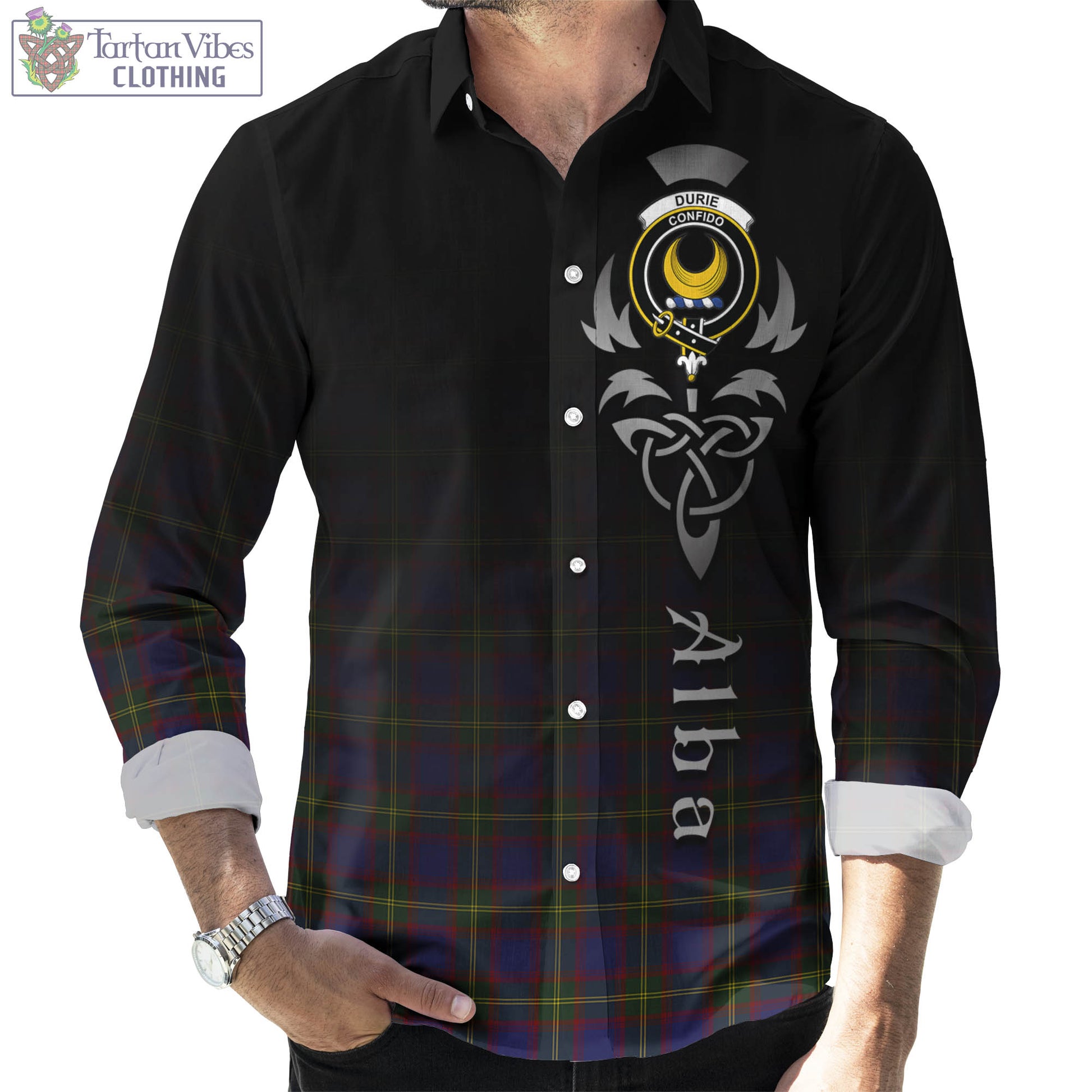 Durie Tartan Long Sleeve Button Up Featuring Alba Gu Brath Family Crest Celtic Inspired Men's Shirt - Tartan Vibes Clothing