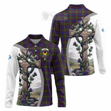 Durie Tartan Long Sleeve Polo Shirt with Family Crest and St. Andrew's Cross Accented by Thistle Vines Unisex - Tartan Vibes Clothing