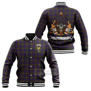 Durie Tartan Baseball Jacket with Family Crest and Bearded Skull Holding Bottles of Whiskey Unisex - Tartan Vibes Clothing