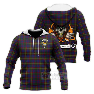 Durie Tartan Knitted Hoodie with Family Crest and Bearded Skull Holding Bottles of Whiskey Unisex Knitted Pullover Hoodie - Tartan Vibes Clothing