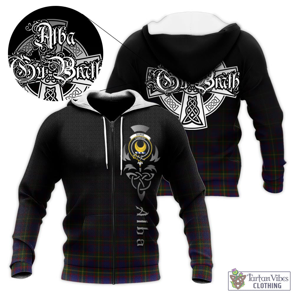 Durie Tartan Knitted Hoodie Featuring Alba Gu Brath Family Crest Celtic Inspired Unisex - Tartan Vibes Clothing