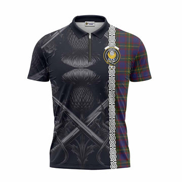 Durie Tartan Zipper Polo Shirt with Family Crest Cross Sword Thistle Celtic Vibes