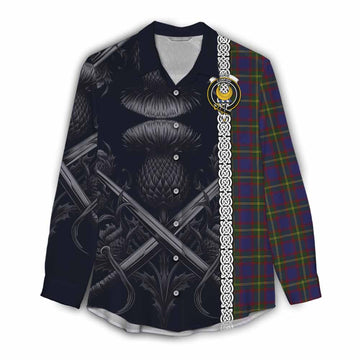 Durie Tartan Women's Casual Shirt with Family Crest Cross Sword Thistle Celtic Vibes Female - Tartan Vibes Clothing