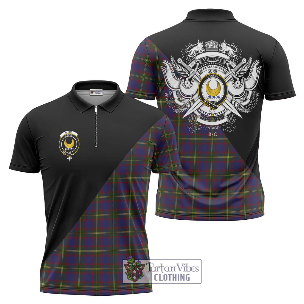 Durie Tartan Zipper Polo Shirt with Family Crest and Military Logo Style Unisex - Tartanvibesclothing Shop