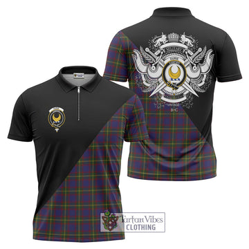 Durie Tartan Zipper Polo Shirt with Family Crest and Military Logo Style
