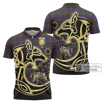 Durie Tartan Zipper Polo Shirt with Family Crest Celtic Wolf Style