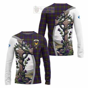 Durie Tartan Long Sleeve T-Shirt with Family Crest and St. Andrew's Cross Accented by Thistle Vines Unisex - Tartan Vibes Clothing