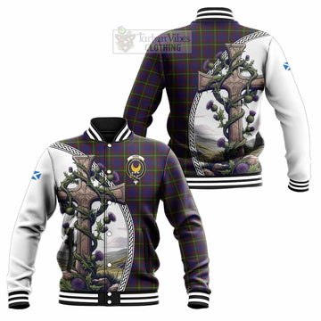 Durie Tartan Baseball Jacket with Family Crest and St. Andrew's Cross Accented by Thistle Vines Unisex - Tartan Vibes Clothing