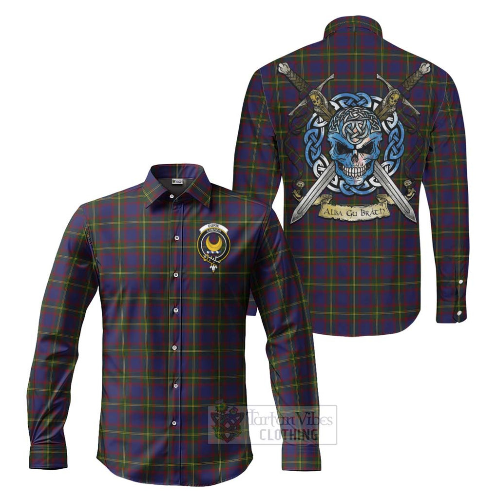 Durie Tartan Long Sleeve Button Shirt with Family Crest Celtic Skull Style Men's Shirt S - Tartan Vibes Clothing